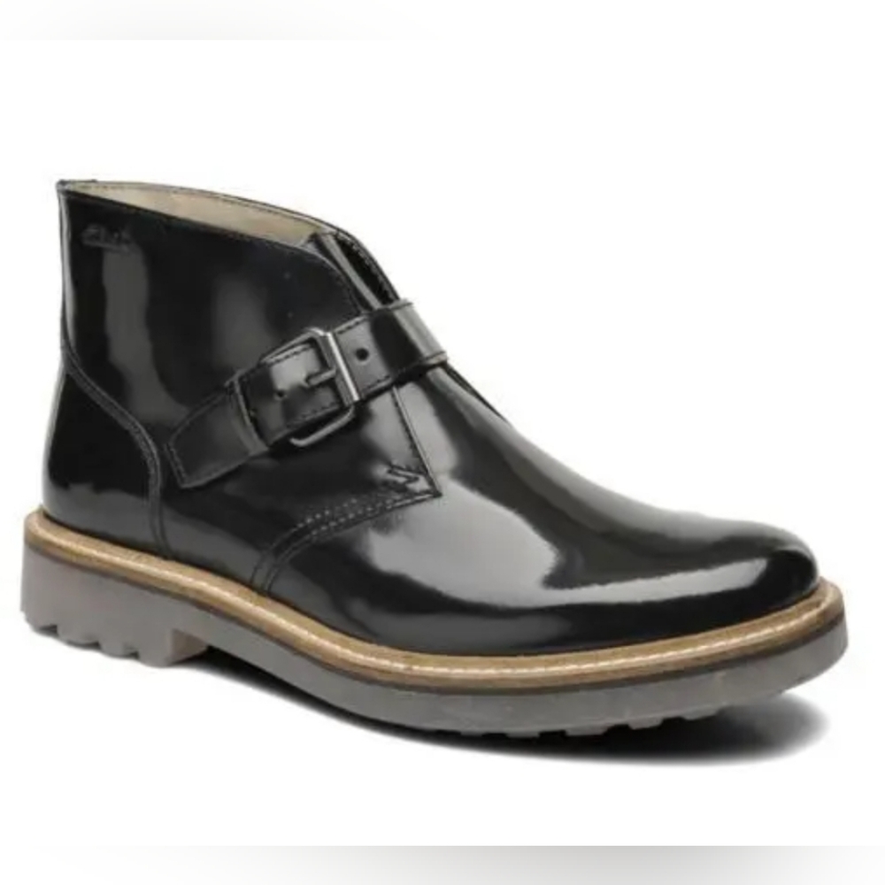 Clarks Mens MONMART HI BLACK hi SHINE LEATHER, Size 8.5